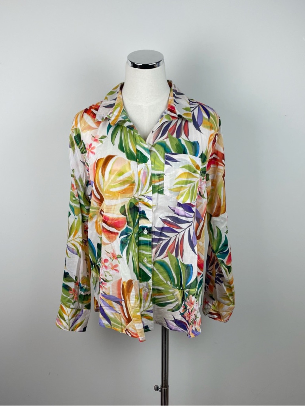 Calypso St. Barth Green White Red Colorful Floral Tropical Button Down Top